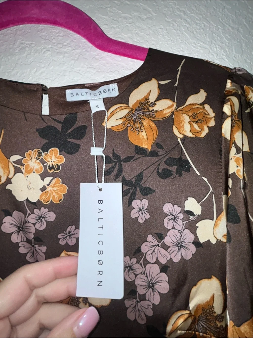 Baltic Borne Agnes satin maxi Floral Tie-Waist Maxi Dress in Dark Brown size s